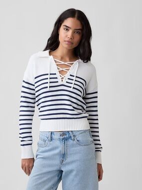 Gap Relaxed Lace-Up Collared Striped Sweater Nautical Summer Sailing Beach Party
